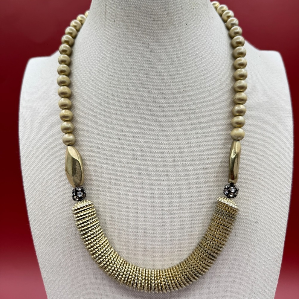 Gold Tone Beaded Statement Necklace Coil Bib Rhinestone Vintage Boho Chunky